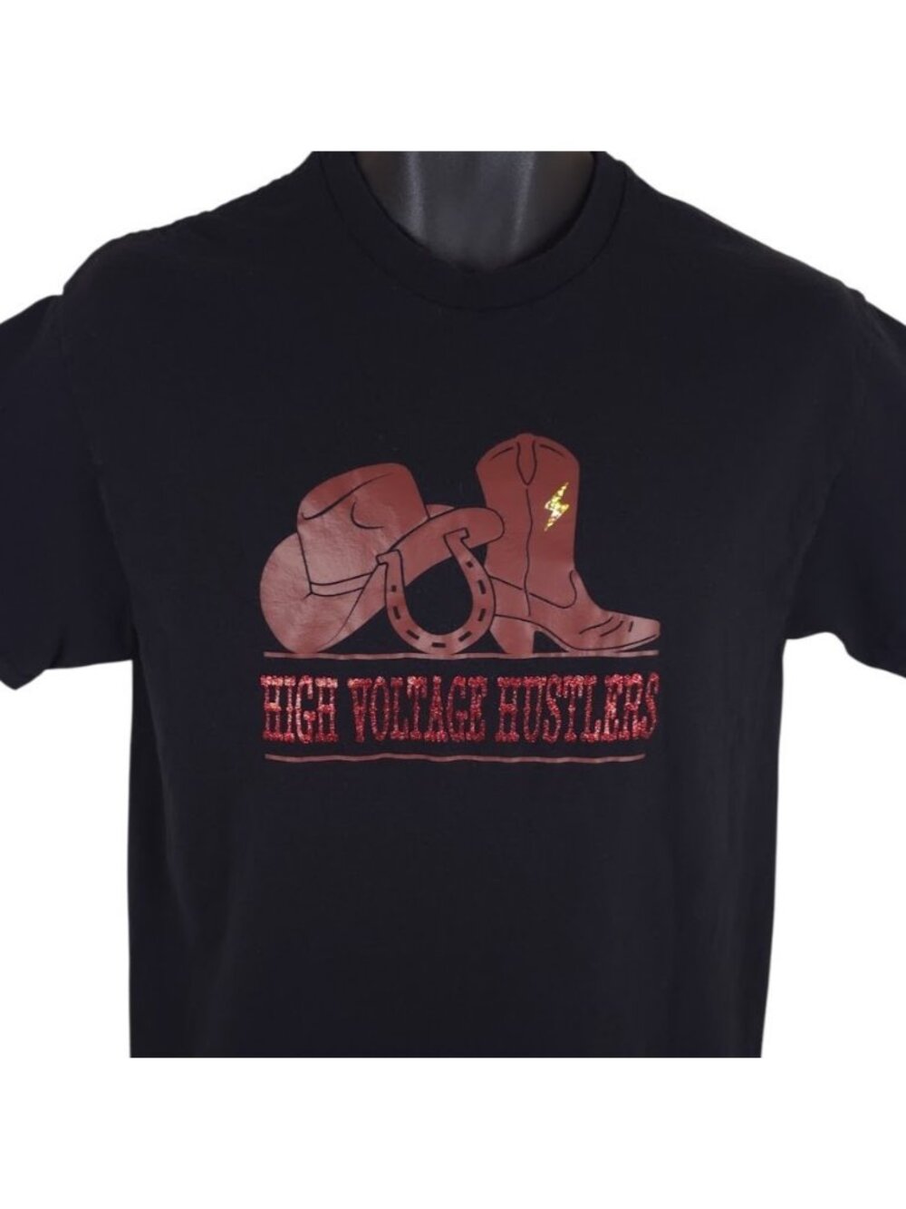 High Voltage Hustlers T Shirt Mens Size Medium Black Cowboy Hat Horse Shoe Boot